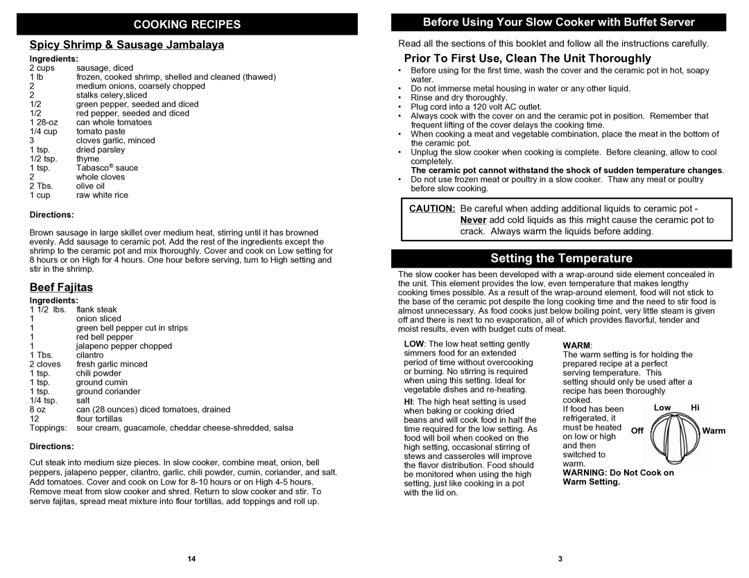 Bravetti KC281HB owner manual Spicy Shrimp & Sausage Jambalaya, Beef Fajitas, Prior To First Use, Clean The Unit Thoroughly 