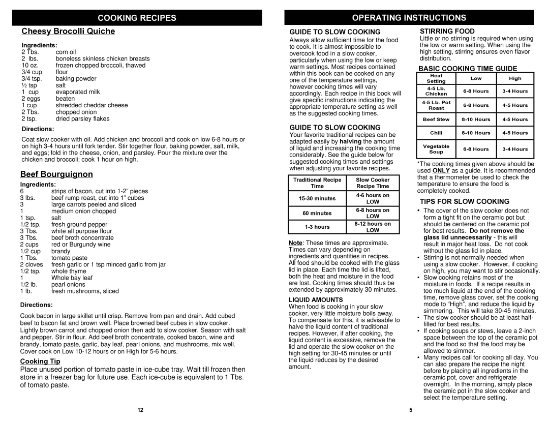 Bravetti KC281HB owner manual Cheesy Brocolli Quiche, Beef Bourguignon, Cooking Tip 