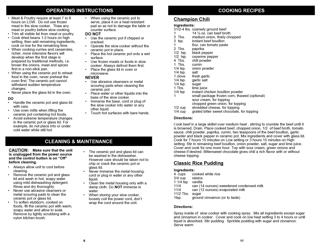 Bravetti KC281HB Operating Instructions Cooking Recipes, Champion Chili, Cleaning & Maintenance, Classic Rice Pudding 