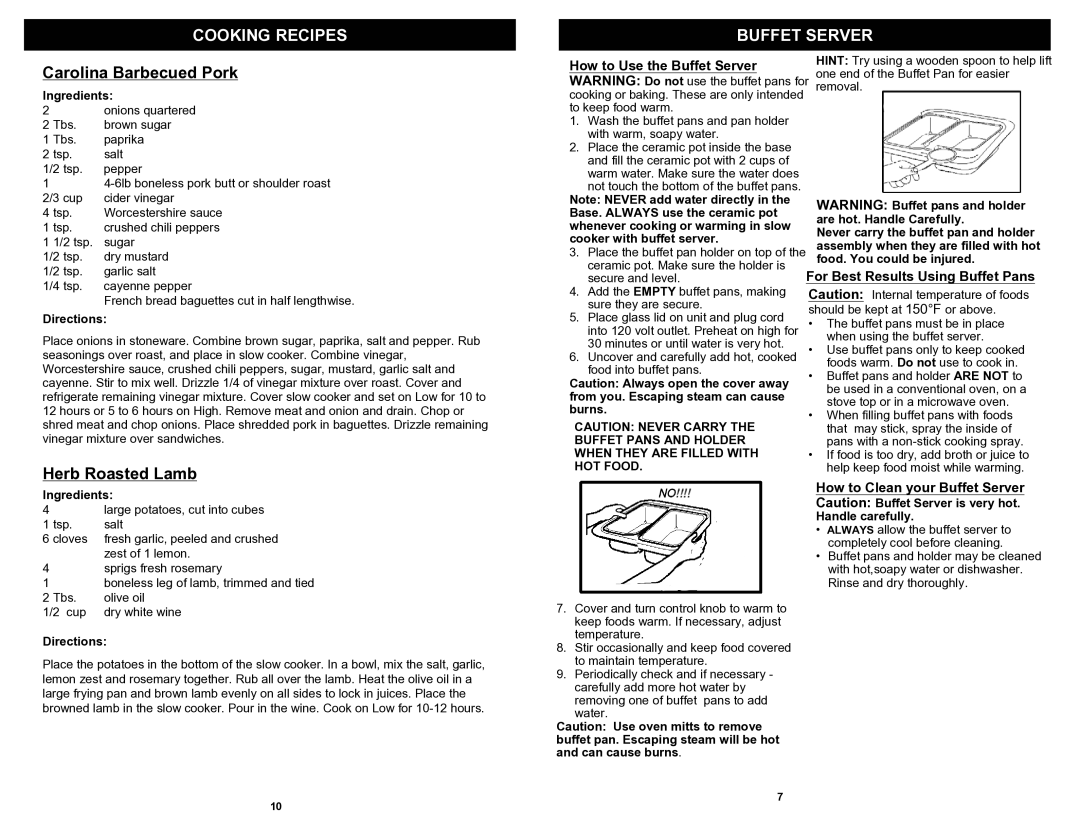 Bravetti KC281HB owner manual Carolina Barbecued Pork, Herb Roasted Lamb, Buffet Server 