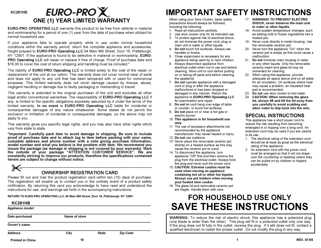 Bravetti KC281HB Important Safety Instructions, ONE 1 YEAR LIMITED WARRANTY, Special Instructions, Save These Instructions 