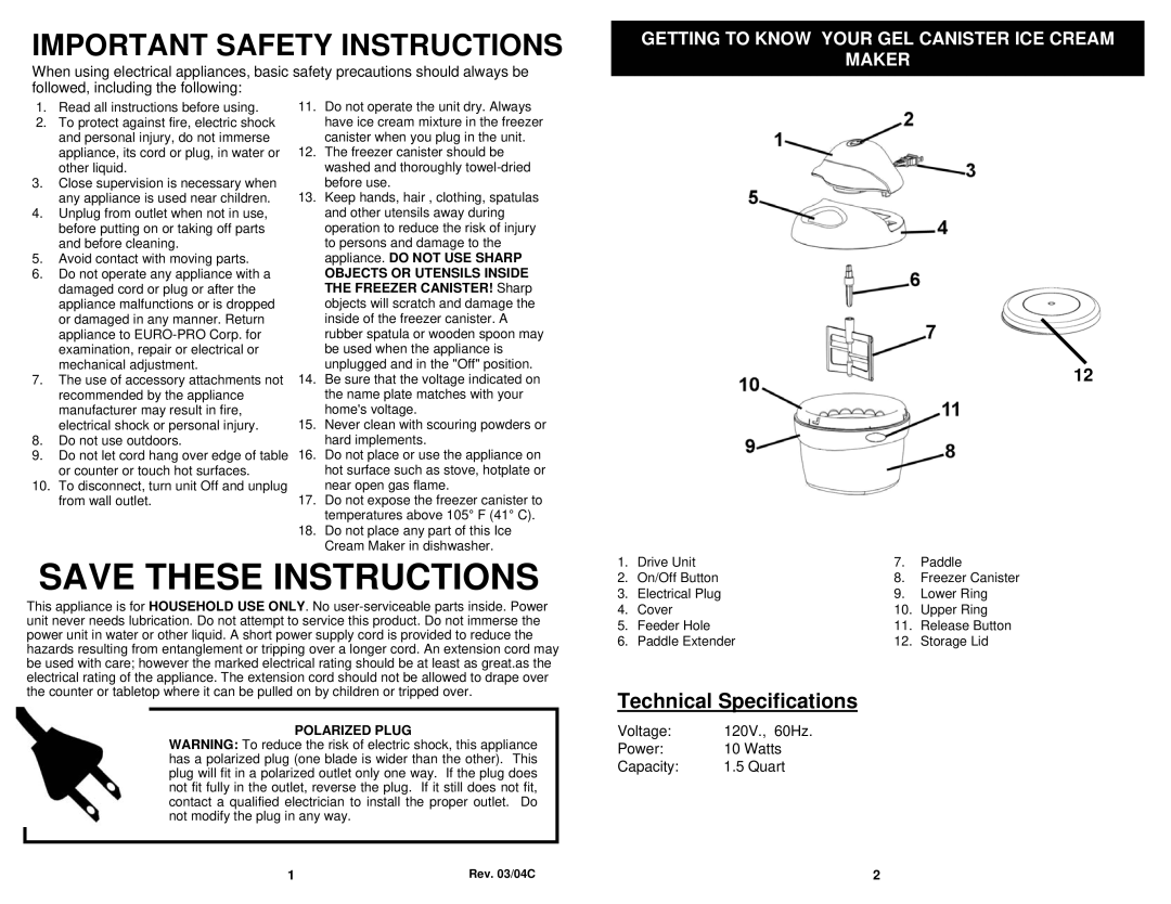 Bravetti KP160HV, KP160HC, KP160HS, 120V Important Safety Instructions, Getting to Know Your GEL Canister ICE Cream Maker 