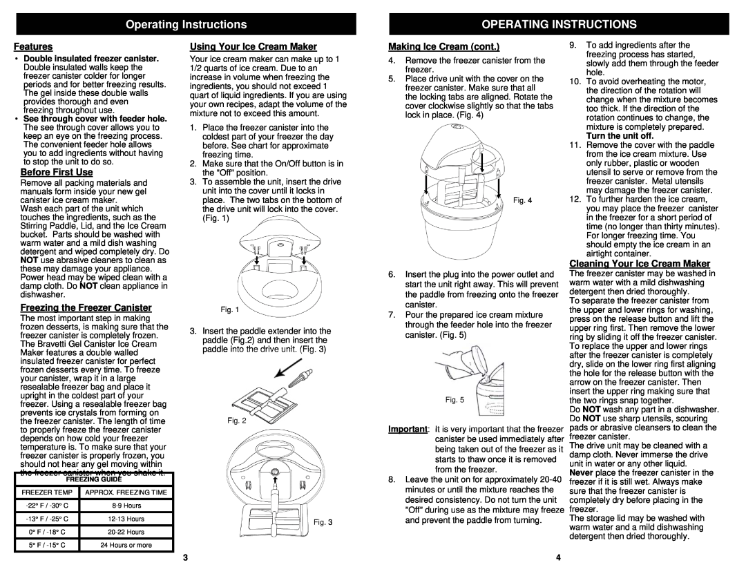 Bravetti KP160HS Operating Instructions, Features, Before First Use, Freezing the Freezer Canister, Making Ice Cream cont 
