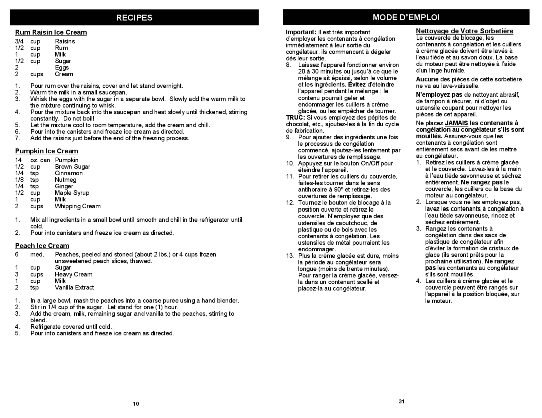 Bravetti KP300H owner manual Recipes Mode D’EMPLOI, Rum Raisin Ice Cream, Pumpkin Ice Cream, Peach Ice Cream 