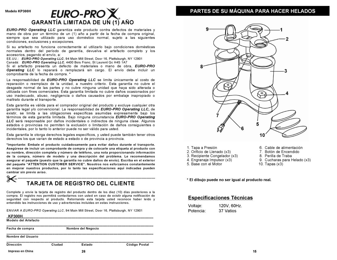 Bravetti KP300H owner manual Partes DE SU Máquina Para Hacer Helados, El dibujo puede no ser igual al producto real 