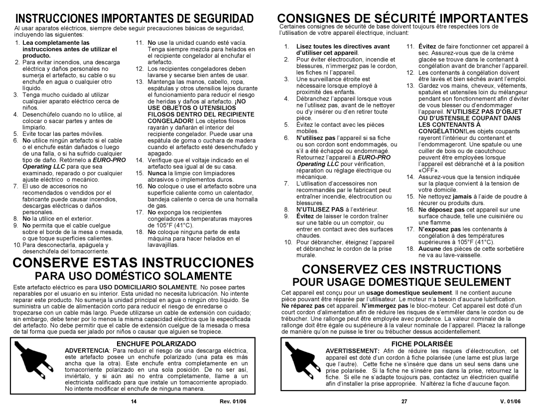 Bravetti KP300H Conserve Estas Instrucciones, Instrucciones Importantes De Seguridad, Para Uso Doméstico Solamente 