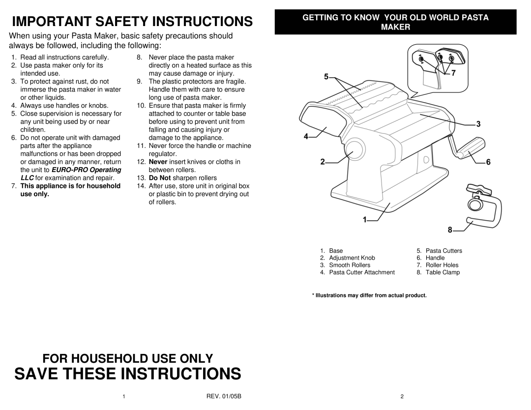 Bravetti KPS110H Important Safety Instructions, Getting To Know Your Old World Pasta Maker, Save These Instructions 