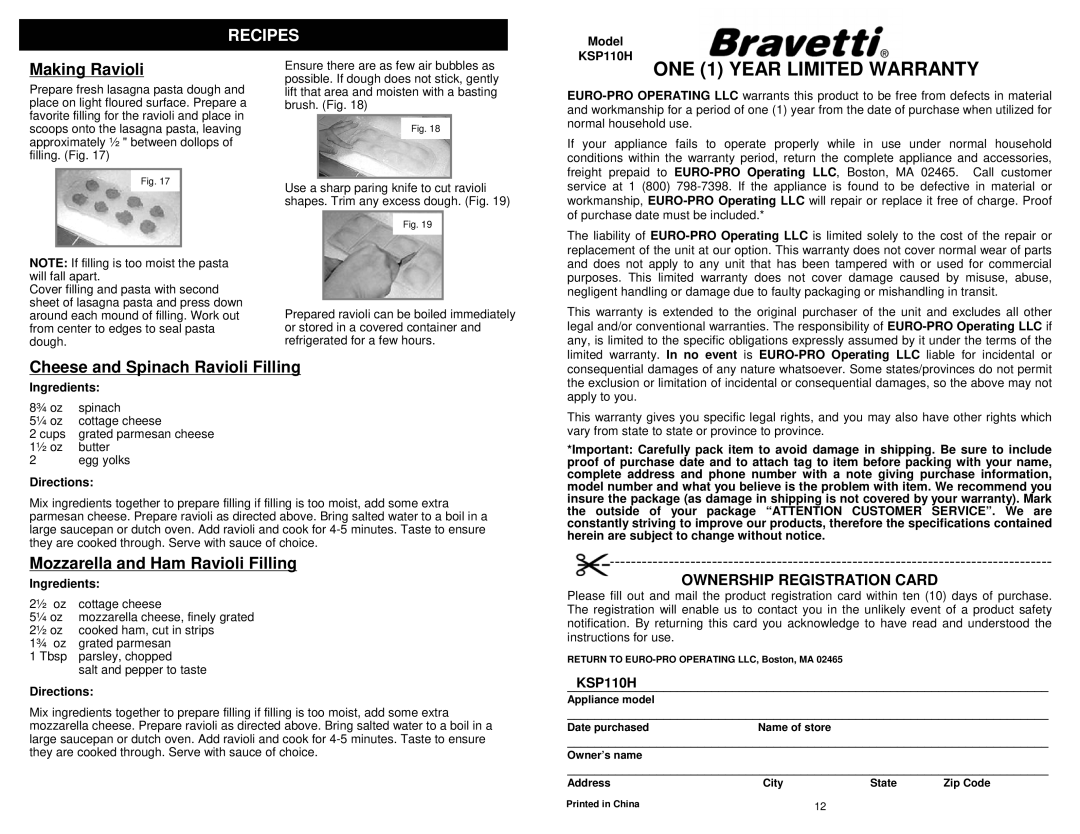 Bravetti KPS110H owner manual ONE 1 YEAR LIMITED WARRANTY, Making Ravioli, Cheese and Spinach Ravioli Filling, Recipes 