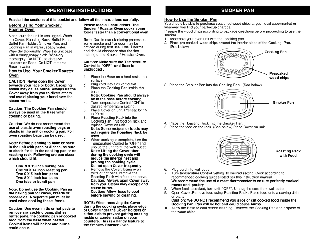 Bravetti KR450B owner manual Operating Instructions, Smoker PAN, How to Use Your Smoker/Roaster Oven 