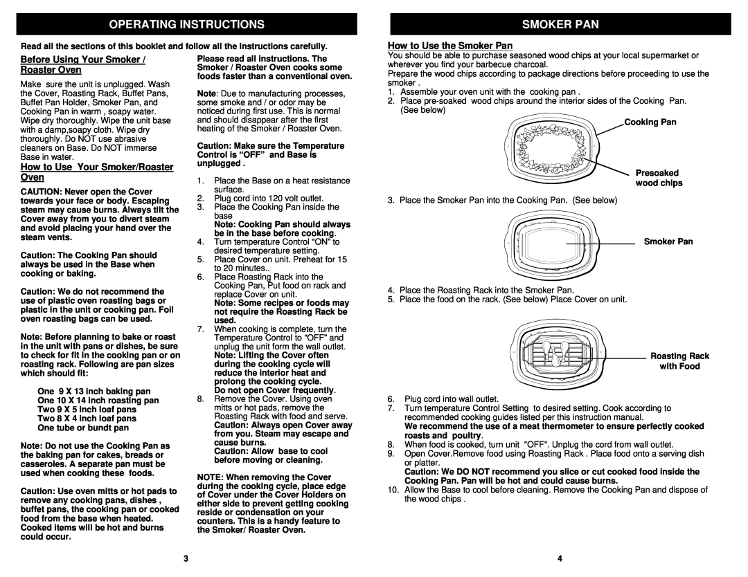 Bravetti KR450B owner manual Operating Instructions, How to Use the Smoker Pan, Before Using Your Smoker / Roaster Oven 