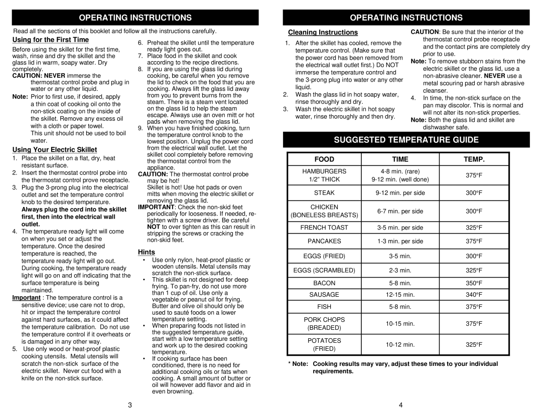 Bravetti KS145H owner manual Operating Instructions, Suggested Temperature Guide 