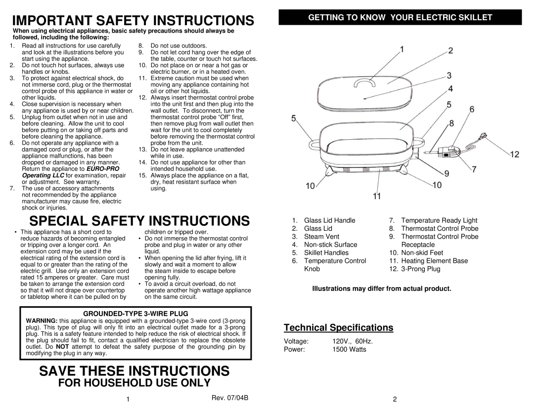 Bravetti KS145H owner manual Technical Specifications, Getting To Know Your Electric Skillet, GROUNDED-TYPE 3-WIREPLUG 