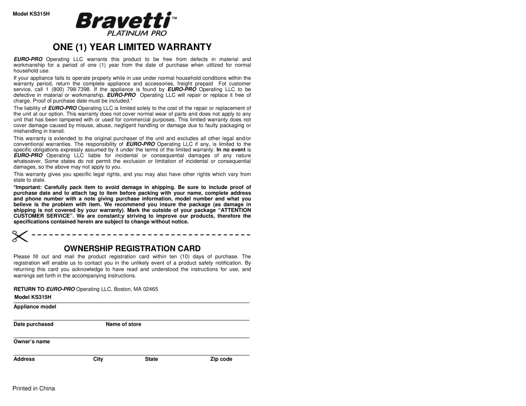 Bravetti KS315H owner manual ONE 1 YEAR LIMITED WARRANTY, Ownership Registration Card 