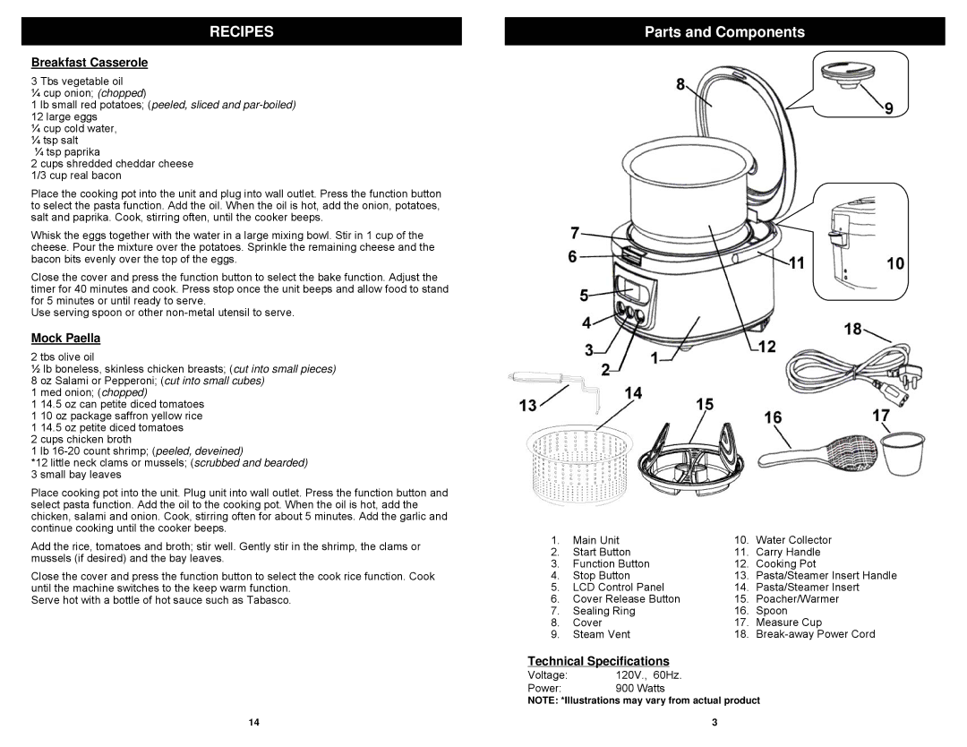 Bravetti MC665H owner manual Parts and Components, Breakfast Casserole, Mock Paella, Technical Specifications 