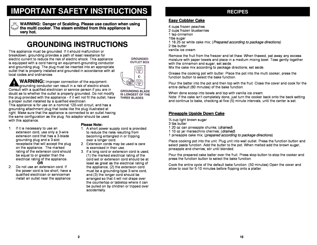 Bravetti MC665H owner manual Grounding Instructions, Recipes, Easy Cobbler Cake, Pineapple Upside Down Cake 