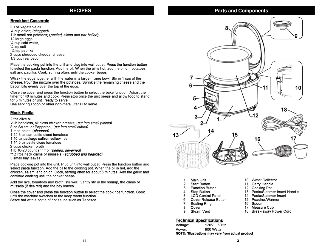 Bravetti MC665H owner manual Parts and Components, Breakfast Casserole, Mock Paella, Technical Specifications, Recipes 