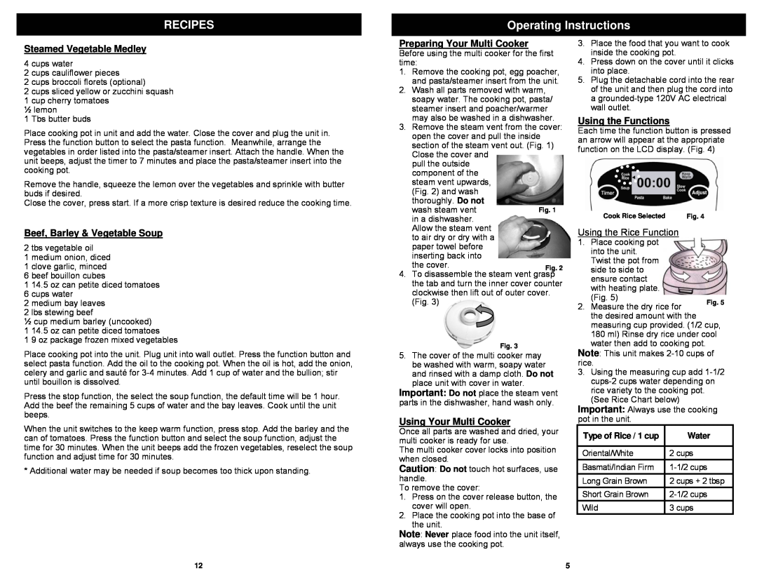 Bravetti MC665H Operating Instructions, Steamed Vegetable Medley, Beef, Barley & Vegetable Soup, Using Your Multi Cooker 