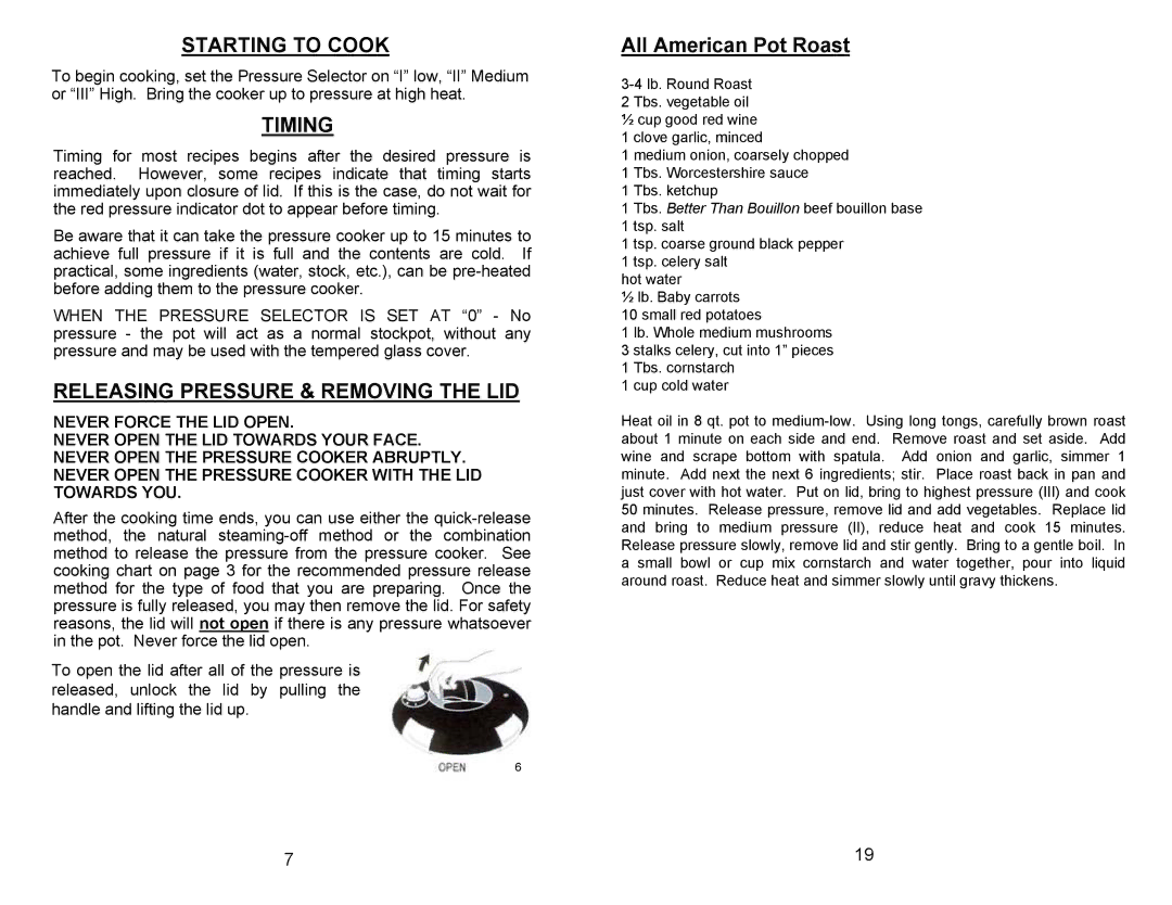 Bravetti PC104 manual Starting to Cook, Timing, Releasing Pressure & Removing the LID, All American Pot Roast 