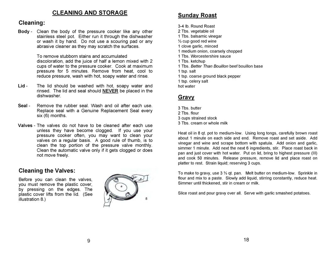 Bravetti PC104 manual Cleaning and Storage, Cleaning the Valves, Sunday Roast, Gravy 