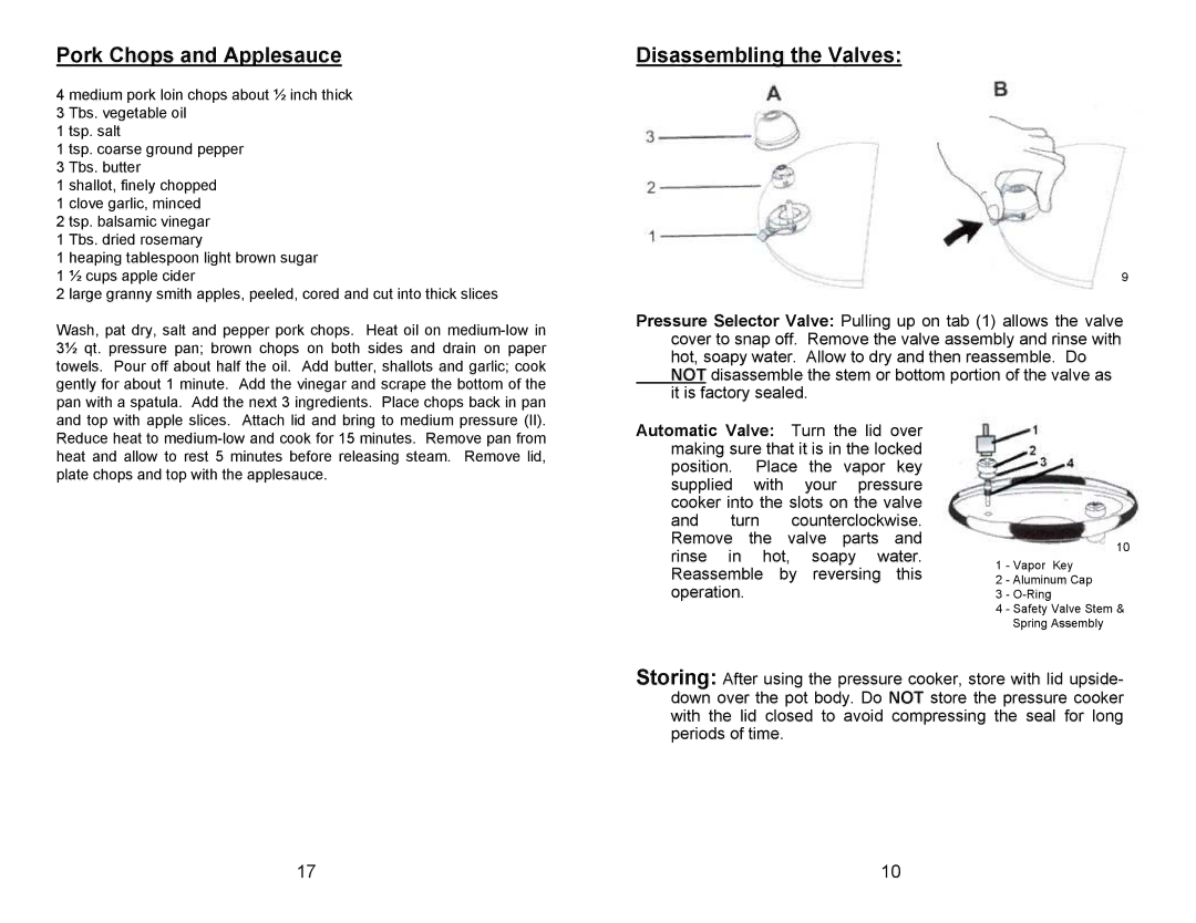 Bravetti PC104 manual Pork Chops and Applesauce, Disassembling the Valves 