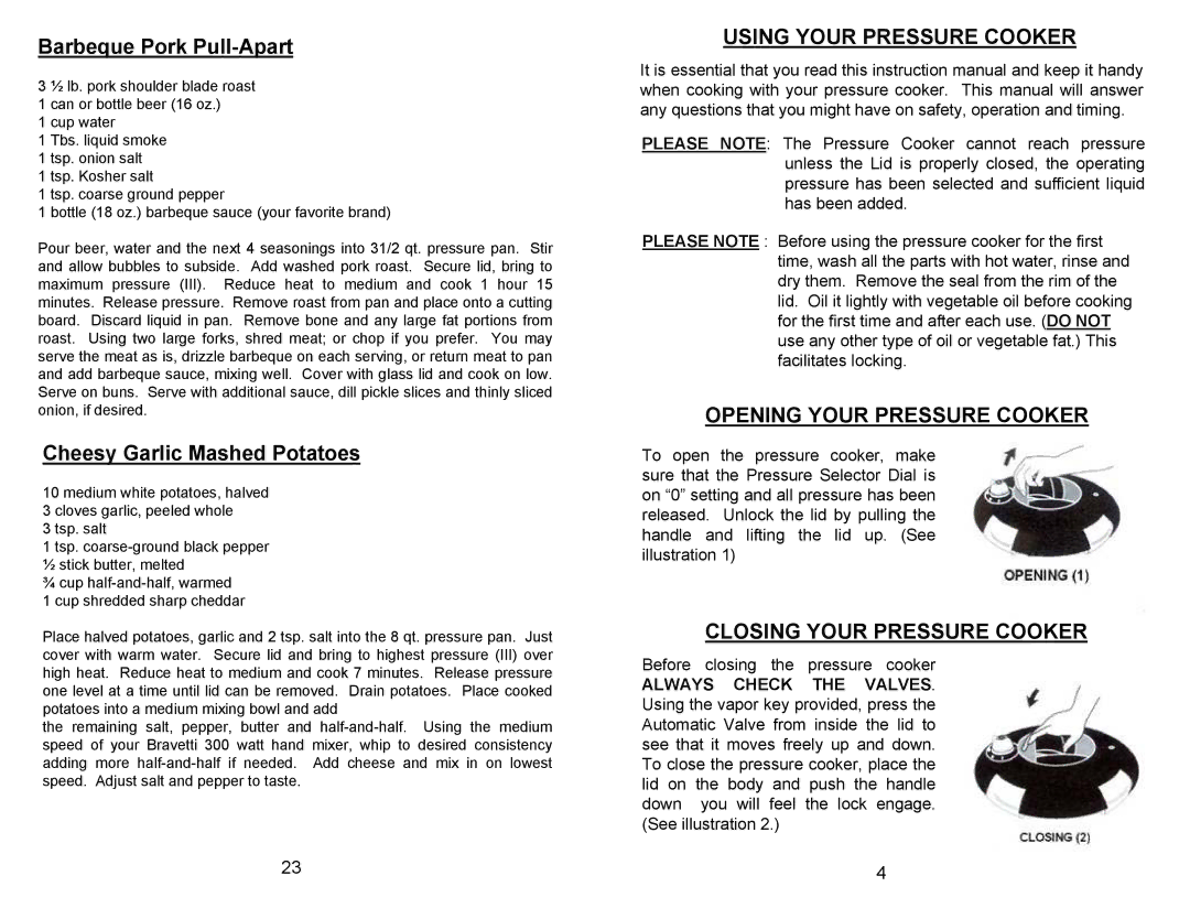 Bravetti PC104 manual Barbeque Pork Pull-Apart, Cheesy Garlic Mashed Potatoes, Using Your Pressure Cooker 