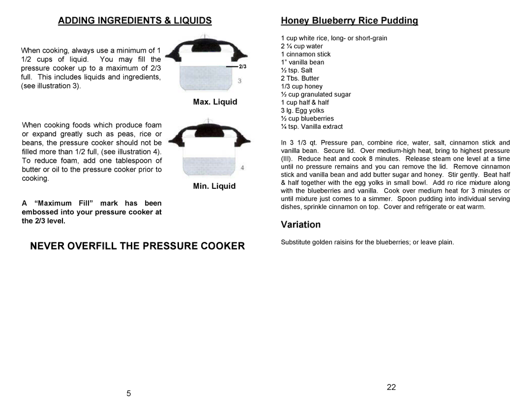 Bravetti PC104 manual Adding Ingredients & Liquids, Honey Blueberry Rice Pudding, Variation 