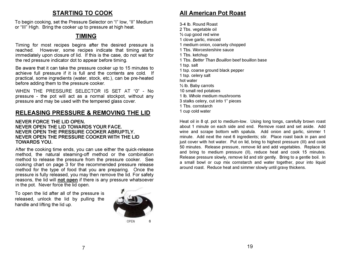 Bravetti PC104 manual Starting To Cook, Timing, Releasing Pressure & Removing The Lid, All American Pot Roast 