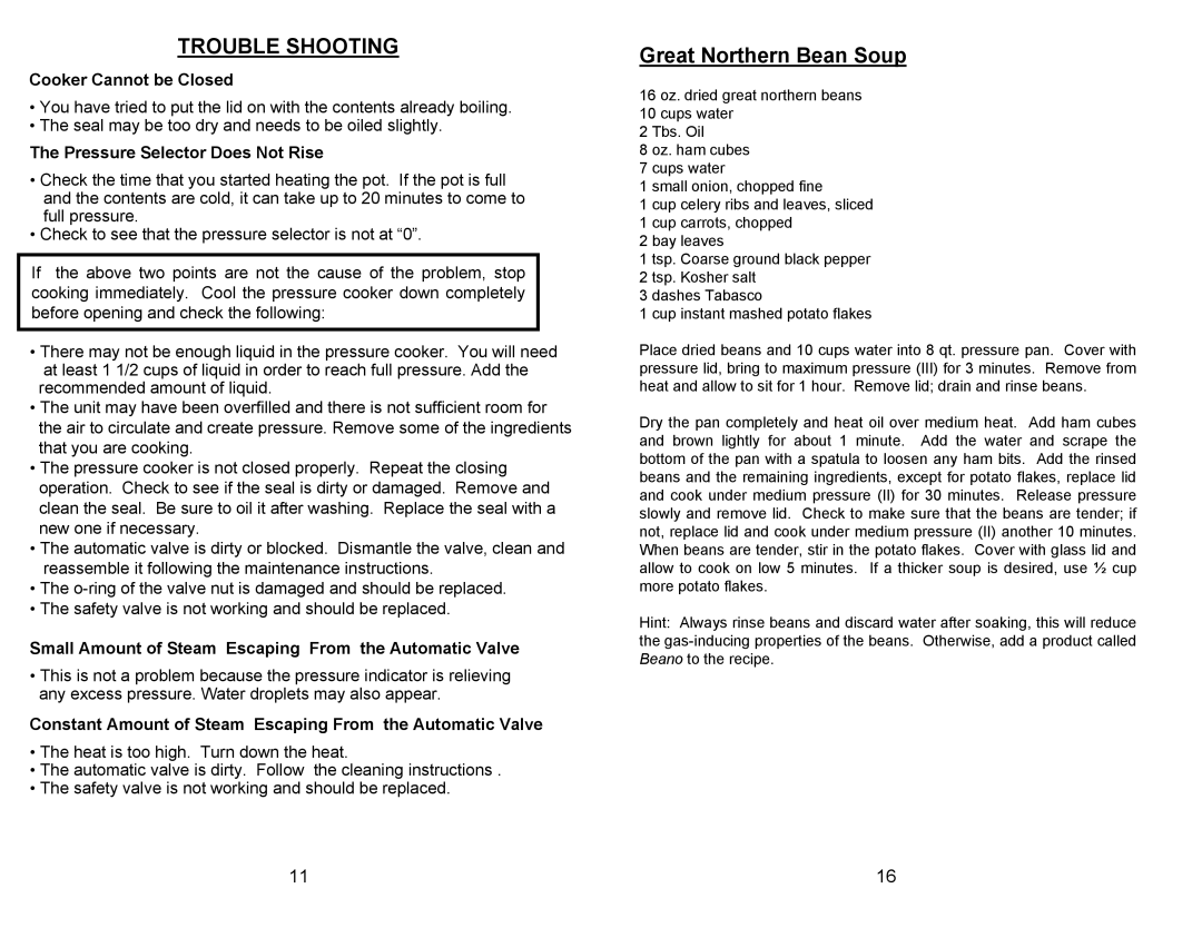 Bravetti PC104 Trouble Shooting, Great Northern Bean Soup, Cooker Cannot be Closed, The Pressure Selector Does Not Rise 