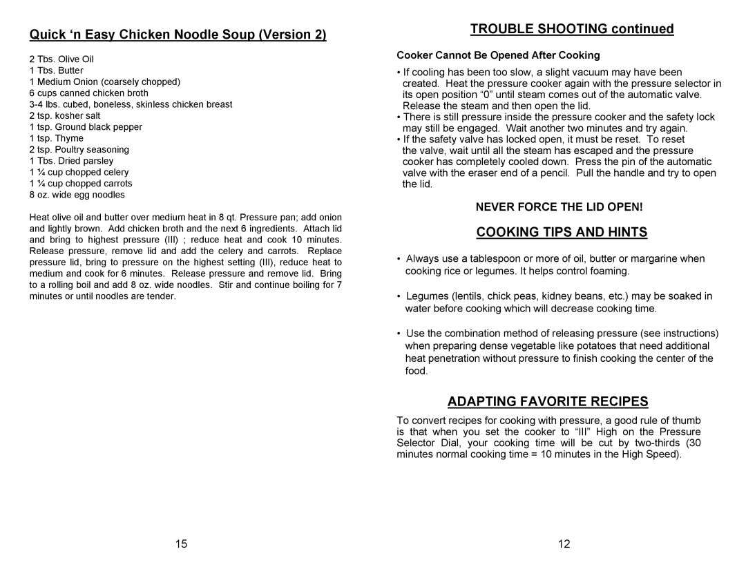 Bravetti PC104 manual Quick ‘n Easy Chicken Noodle Soup Version, TROUBLE SHOOTING continued, Cooking Tips And Hints 
