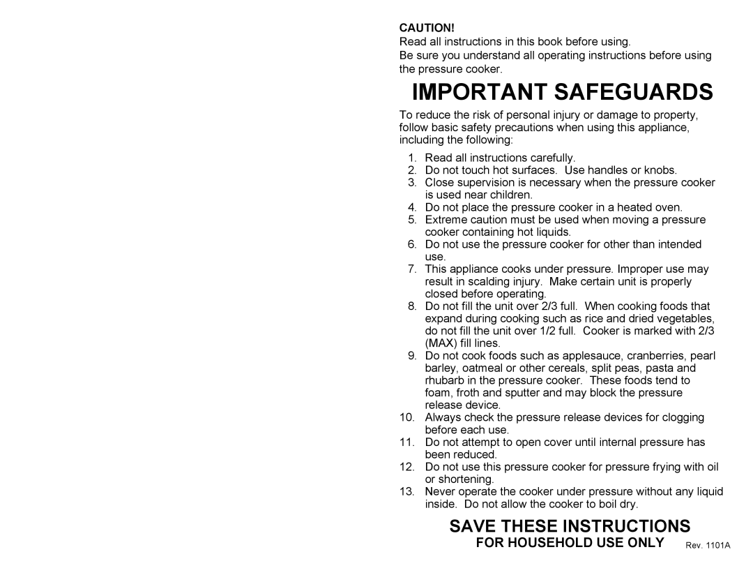 Bravetti PC104 manual Important Safeguards, FOR HOUSEHOLD USE ONLY Rev. 1101A, Save These Instructions 