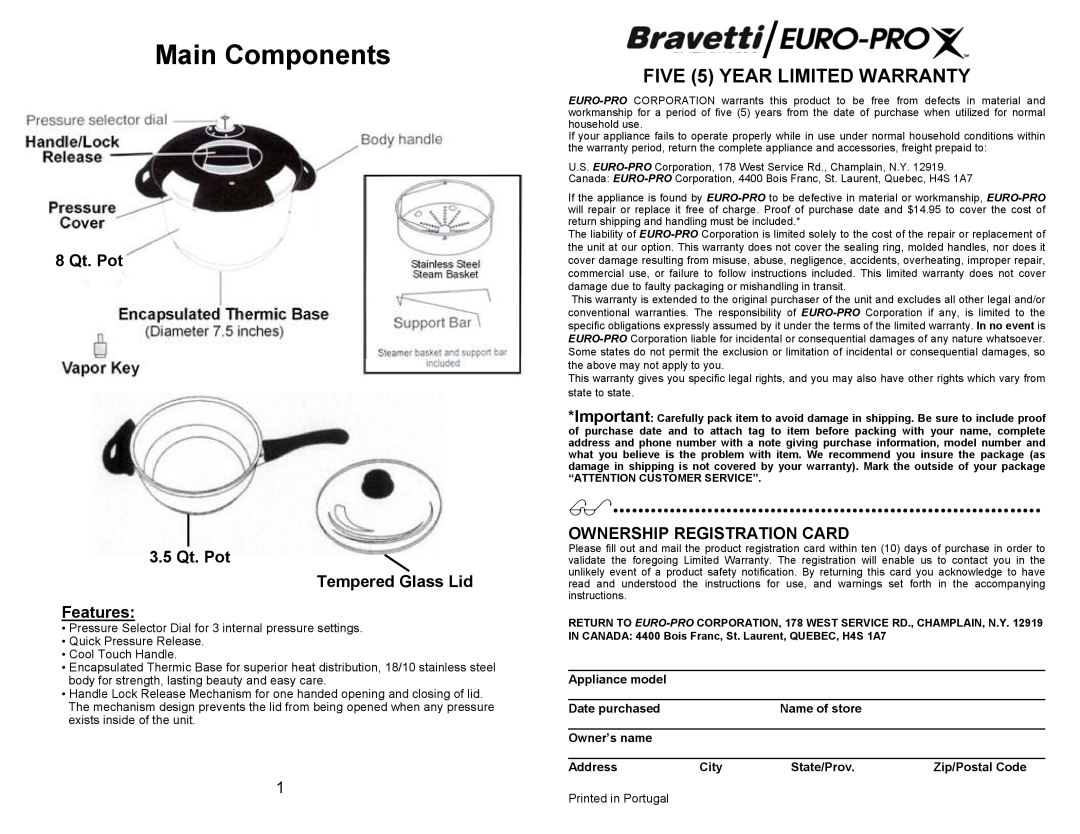 Bravetti PC104 manual FIVE 5 YEAR LIMITED WARRANTY, 8 Qt. Pot 3.5 Qt. Pot Tempered Glass Lid Features, Main Components 