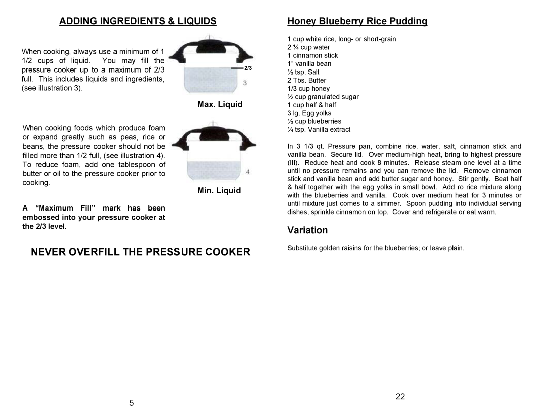 Bravetti PC104 manual Adding Ingredients & Liquids, Honey Blueberry Rice Pudding, Variation, Max. Liquid Min. Liquid 