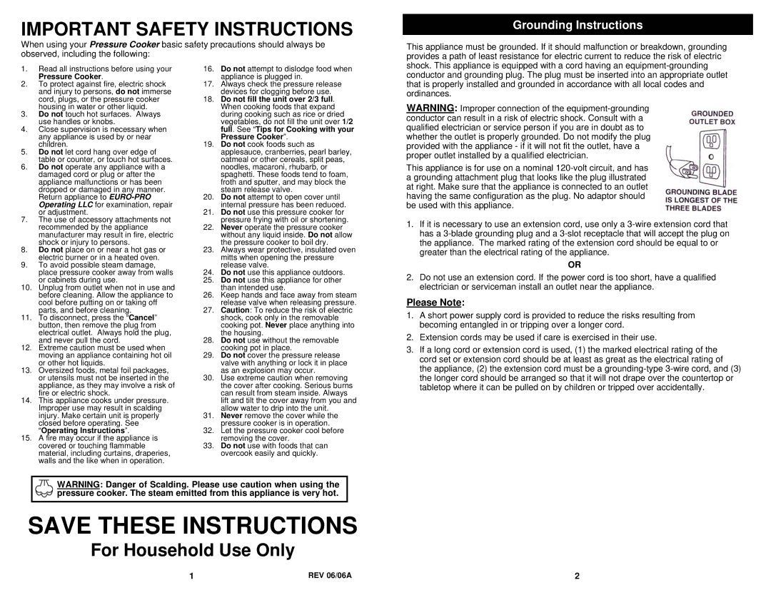 Bravetti PC107HA owner manual Grounding Instructions, Please Note 