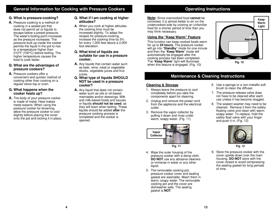 Bravetti PC107HA owner manual Maintenance & Cleaning Instructions 