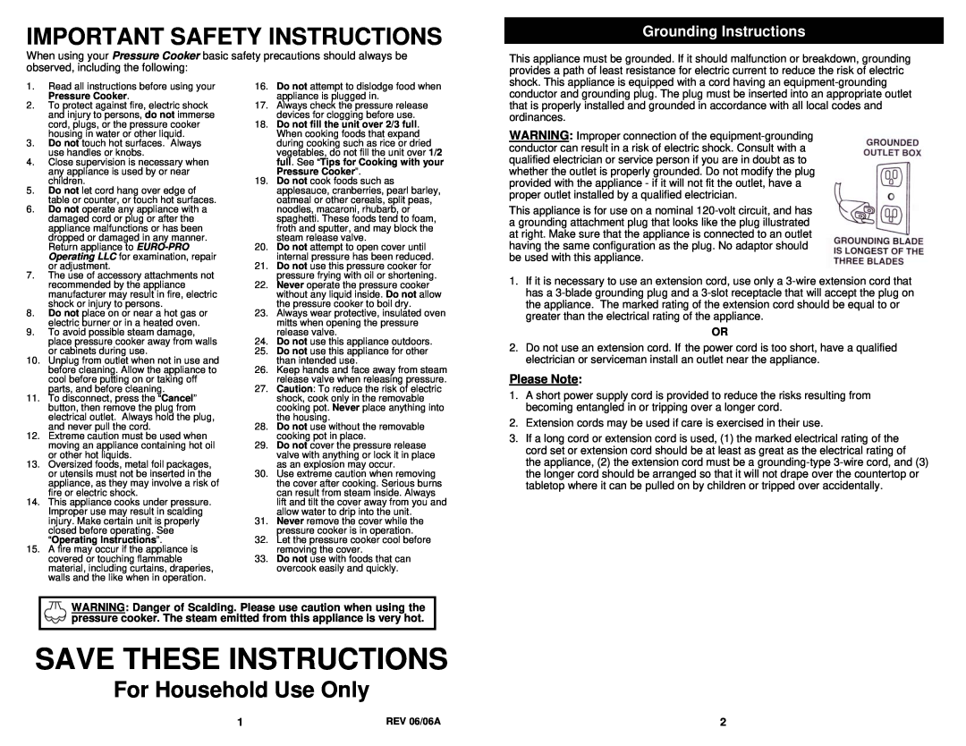 Bravetti PC107HA Grounding Instructions, Save These Instructions, Important Safety Instructions, For Household Use Only 