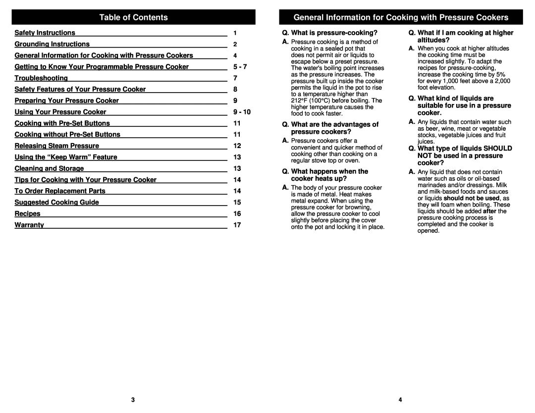 Bravetti PC107HA owner manual Table of Contents 