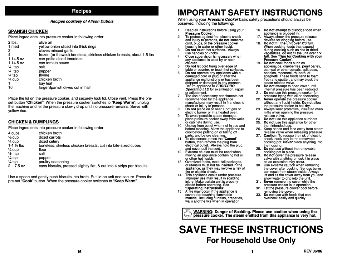 Bravetti PC107HA Recipes, Save These Instructions, Important Safety Instructions, For Household Use Only, REV 06/06 