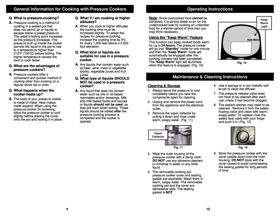 Bravetti PC107HA owner manual Operating Instructions, Maintenance & Cleaning Instructions 