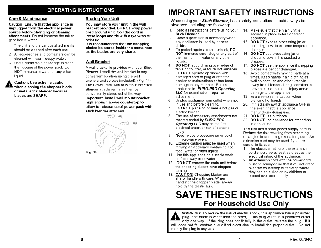 Bravetti SB212H owner manual Care & Maintenance Storing Your Unit, Wall Bracket, Rev /04C, Stick Blender 