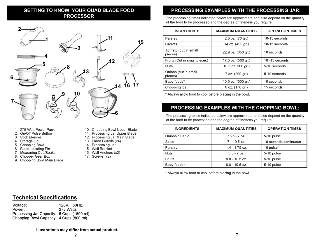 Bravetti SB212H owner manual Getting to Know Your Quad Blade Food Processor, Illustrations may differ from actual product 