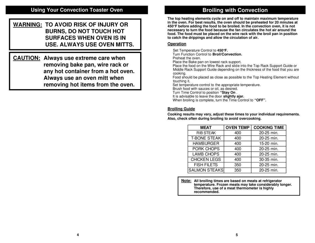 Bravetti TO160H owner manual Broiling with Convection, Operation, Broiling Guide 