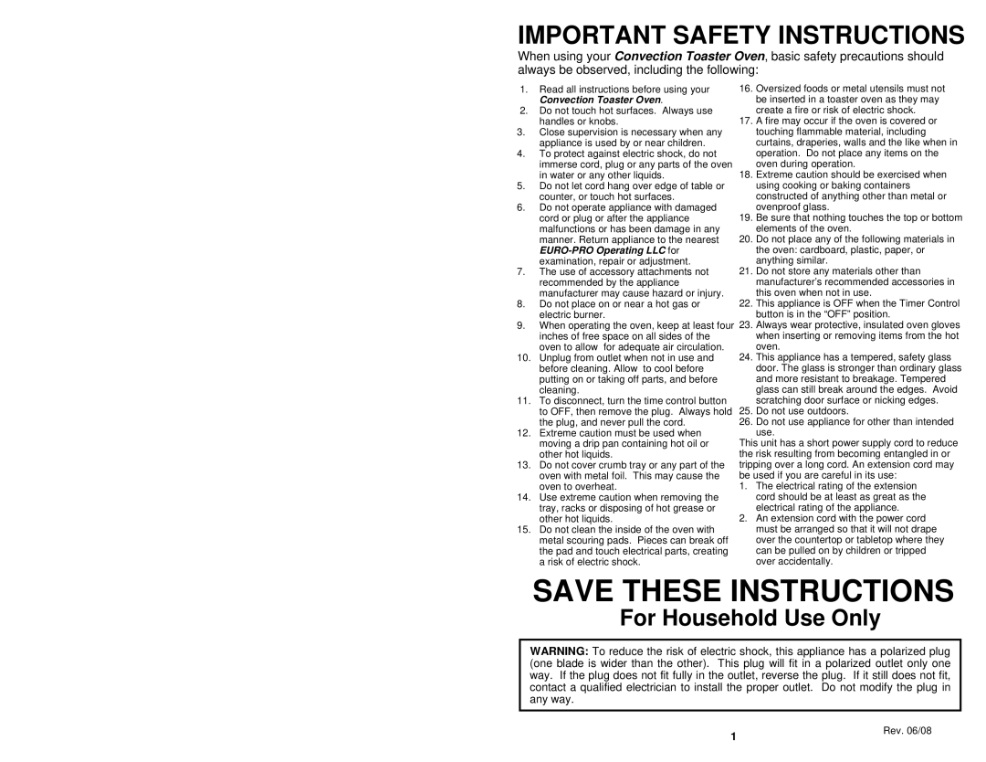 Bravetti TO160H owner manual For Household Use Only, Save These Instructions, Important Safety Instructions 