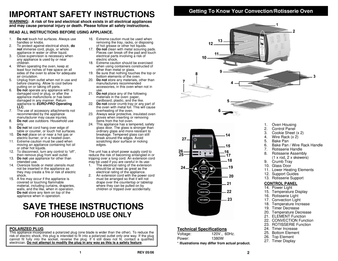 Bravetti TO230H For Household USE only, Getting To Know Your Convection/Rotisserie Oven, Technical Specifications 