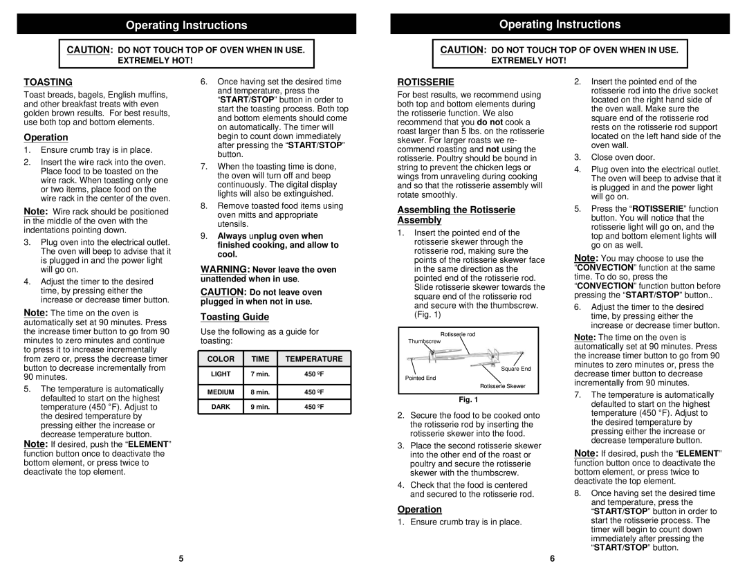 Bravetti TO230H instruction manual Operating Instructions, Toasting, Rotisserie 