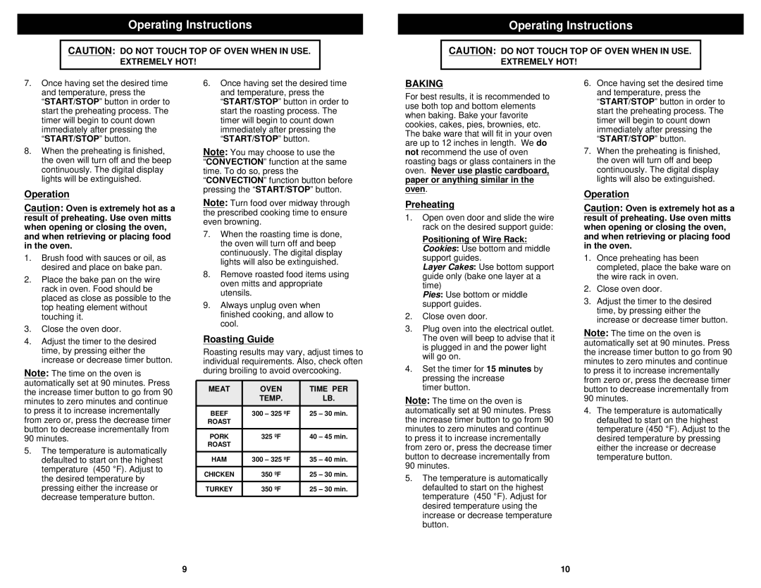 Bravetti TO230H instruction manual Roasting Guide, Baking, Meat Oven Time PER 