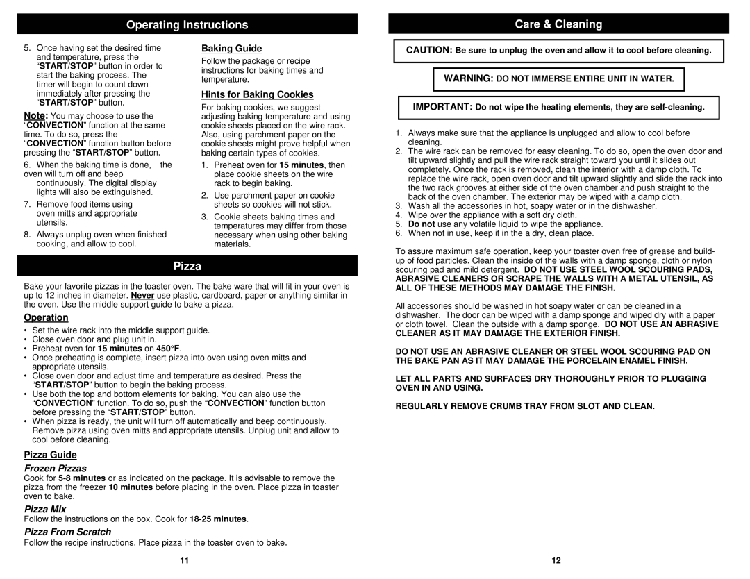 Bravetti TO230H Operating Instructions Care & Cleaning, Baking Guide, Hints for Baking Cookies, Pizza Guide 