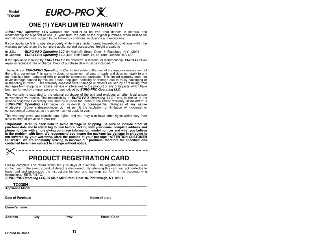 Bravetti TO230H instruction manual Product Registration Card 