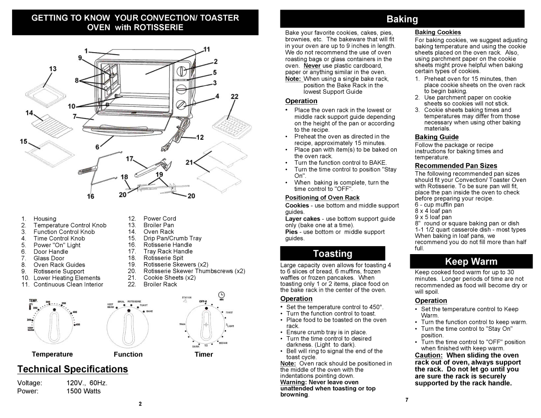 Bravetti TO23H owner manual Baking, Toasting, Keep Warm 
