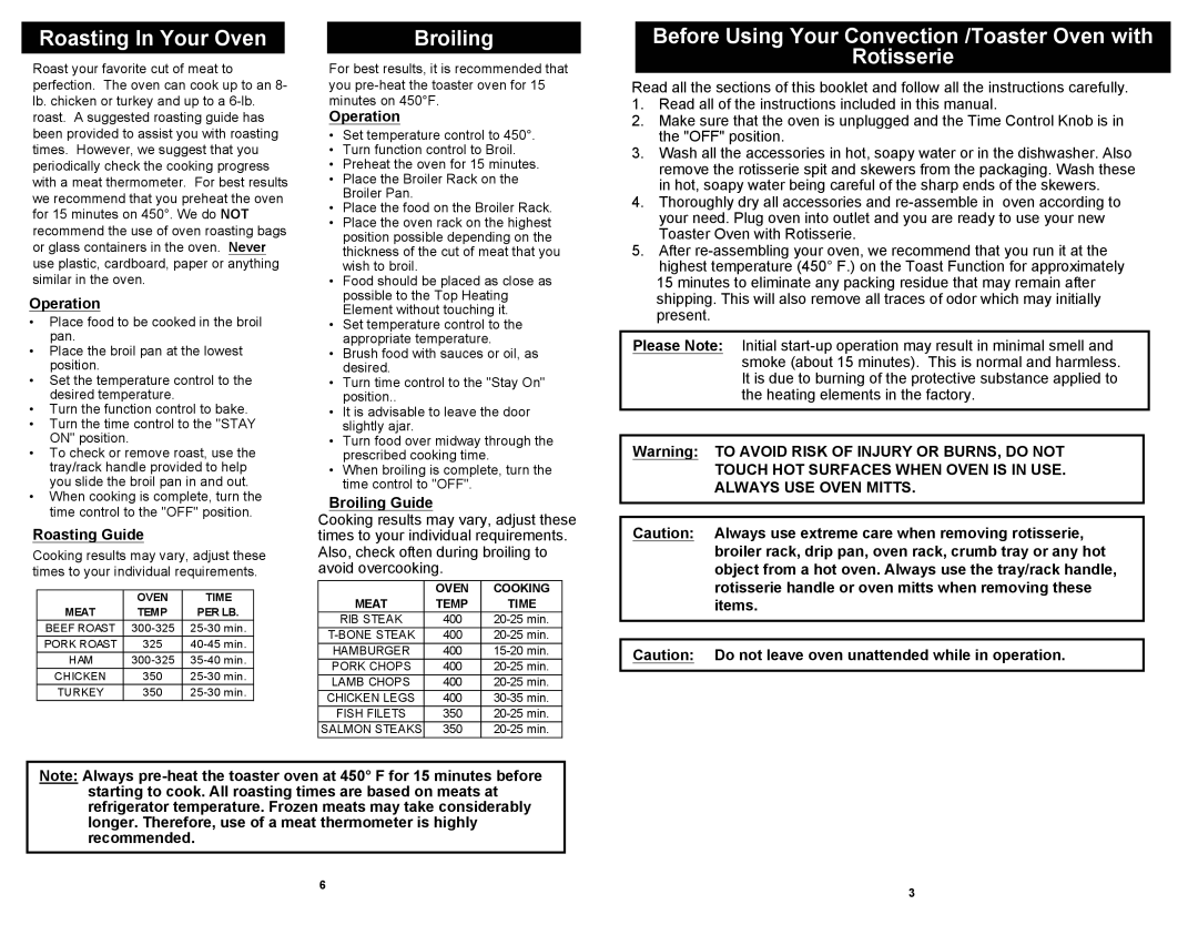Bravetti TO23H Roasting In Your Oven, Broiling, Before Using Your Convection /Toaster Oven with Rotisserie, Roasting Guide 