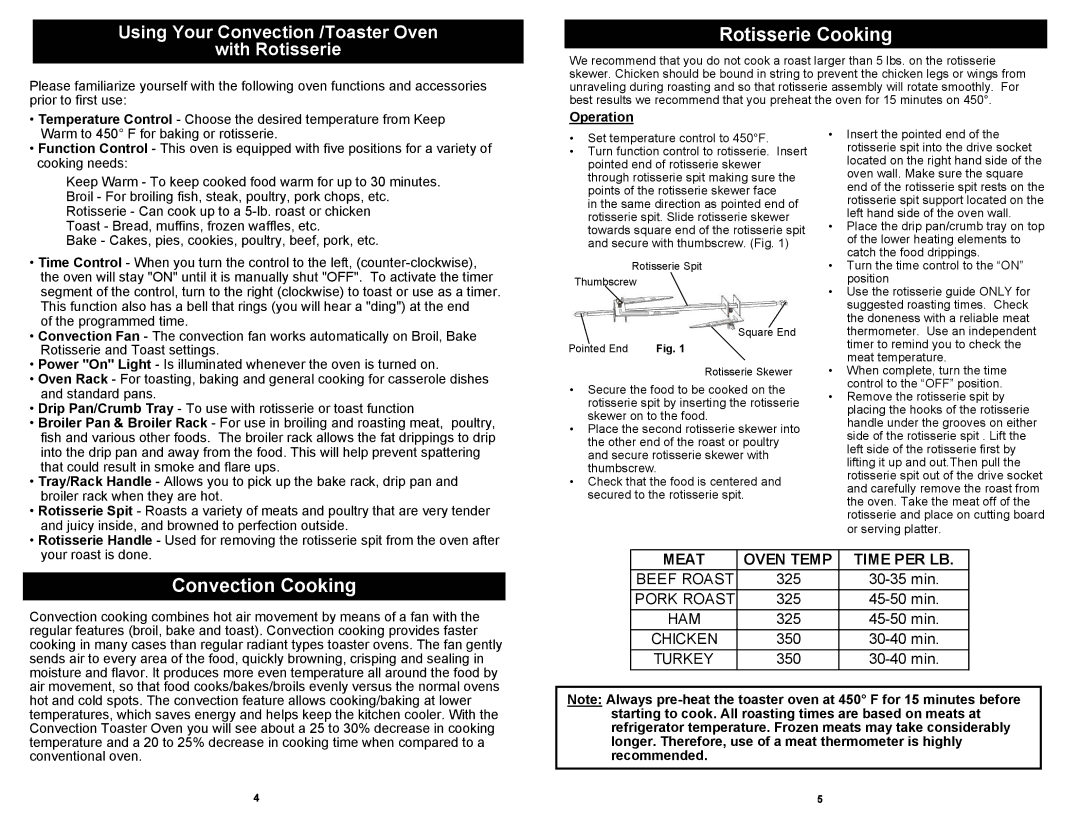 Bravetti TO23H owner manual Rotisserie Cooking, Convection Cooking, Meat Oven Temp Time PER LB 